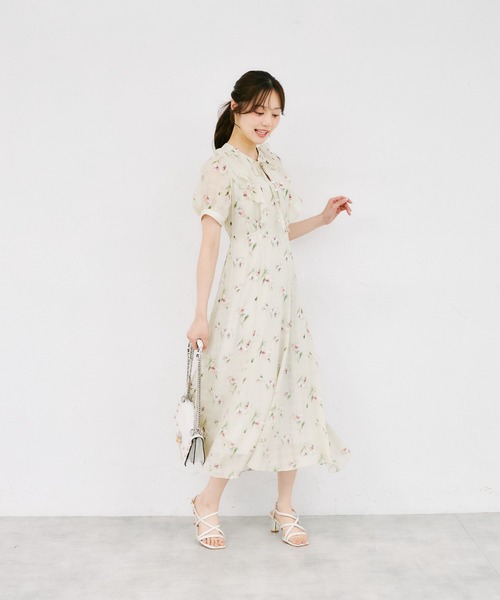 tocco closet(トッコ クローゼット)の「リボン付きシアーチェック×フラワープリントワンピース(ワンピース・レディース・ブラック/ミント・M)」の12枚目の写真