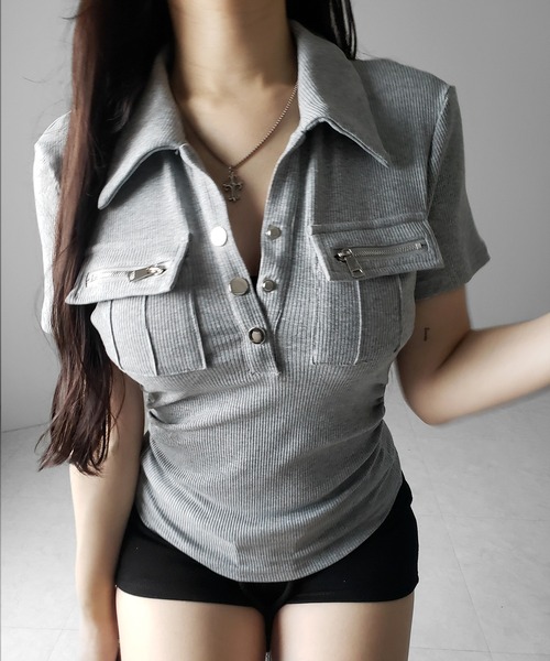 me+em select(ミームセレクト)の「【 3color 】アウトポケットポロネックリブカットソートップス / out pocket polo neck rib cutsew tops(Tシャツ/カットソー・レディース・ブラック/グレー/ホワイト・FREE)」の3枚目の写真