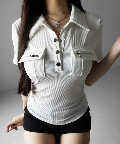 me+em select(ミームセレクト)の「【 3color 】アウトポケットポロネックリブカットソートップス / out pocket polo neck rib cutsew tops(Tシャツ/カットソー・レディース・ブラック/グレー/ホワイト・FREE)」の2枚目の写真