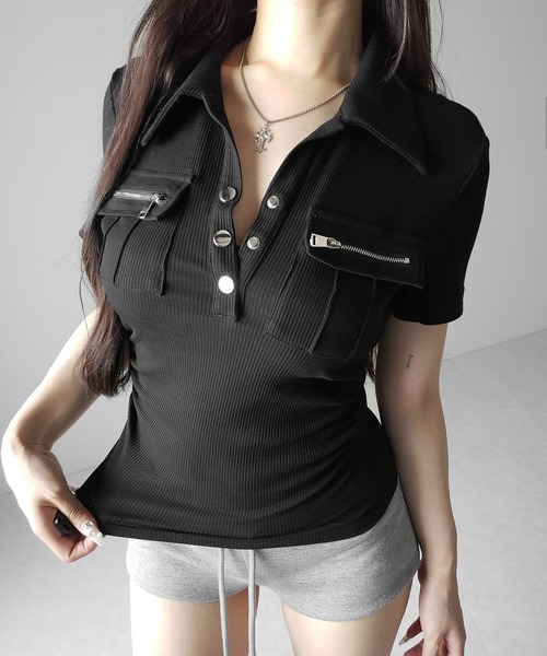 me+em select(ミームセレクト)の「【 3color 】アウトポケットポロネックリブカットソートップス / out pocket polo neck rib cutsew tops(Tシャツ/カットソー・レディース・ブラック/グレー/ホワイト・FREE)」の1枚目の写真