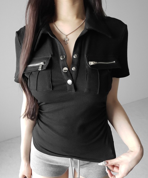 me+em select(ミームセレクト)の「【 3color 】アウトポケットポロネックリブカットソートップス / out pocket polo neck rib cutsew tops(Tシャツ/カットソー・レディース・ブラック/グレー/ホワイト・FREE)」の21枚目の写真