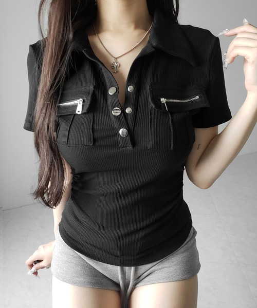 me+em select(ミームセレクト)の「【 3color 】アウトポケットポロネックリブカットソートップス / out pocket polo neck rib cutsew tops(Tシャツ/カットソー・レディース・ブラック/グレー/ホワイト・FREE)」の22枚目の写真