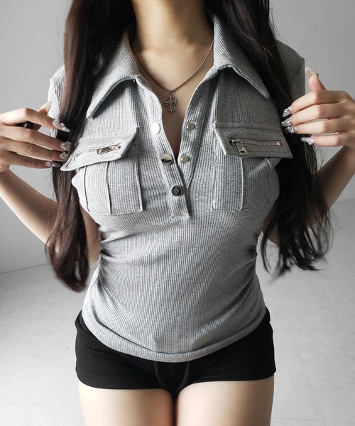 me+em select(ミームセレクト)の「【 3color 】アウトポケットポロネックリブカットソートップス / out pocket polo neck rib cutsew tops(Tシャツ/カットソー・レディース・ブラック/グレー/ホワイト・FREE)」の11枚目の写真