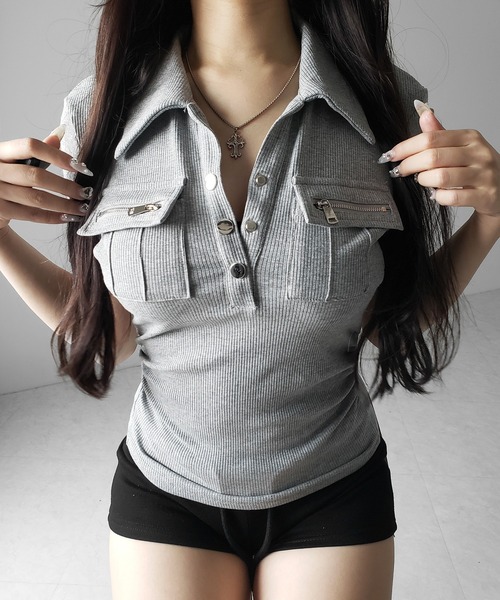 me+em select(ミームセレクト)の「【 3color 】アウトポケットポロネックリブカットソートップス / out pocket polo neck rib cutsew tops(Tシャツ/カットソー・レディース・ブラック/グレー/ホワイト・FREE)」の12枚目の写真