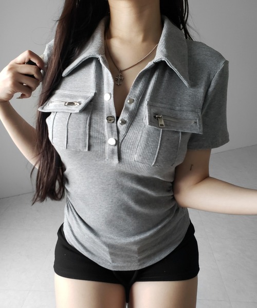 me+em select(ミームセレクト)の「【 3color 】アウトポケットポロネックリブカットソートップス / out pocket polo neck rib cutsew tops(Tシャツ/カットソー・レディース・ブラック/グレー/ホワイト・FREE)」の13枚目の写真