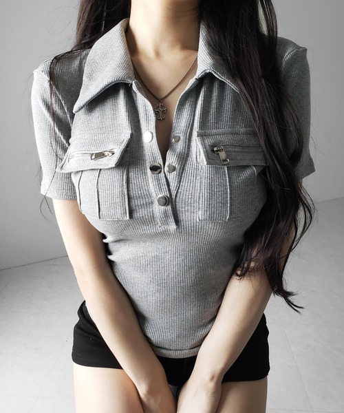me+em select(ミームセレクト)の「【 3color 】アウトポケットポロネックリブカットソートップス / out pocket polo neck rib cutsew tops(Tシャツ/カットソー・レディース・ブラック/グレー/ホワイト・FREE)」の15枚目の写真