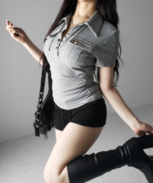 me+em select(ミームセレクト)の「【 3color 】アウトポケットポロネックリブカットソートップス / out pocket polo neck rib cutsew tops(Tシャツ/カットソー・レディース・ブラック/グレー/ホワイト・FREE)」の16枚目の写真