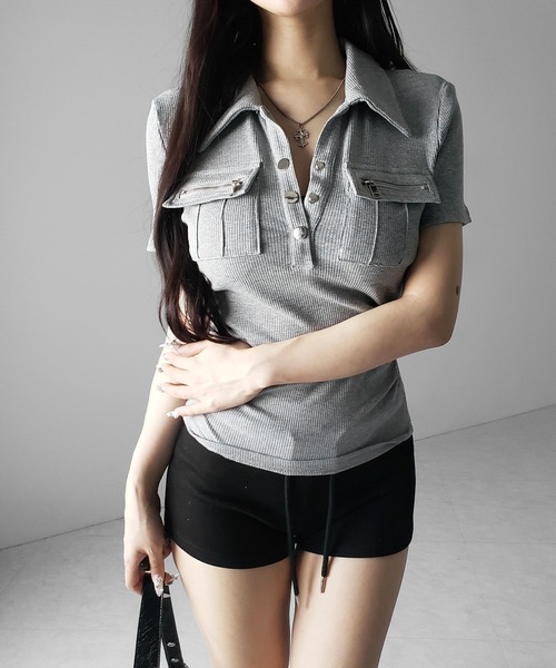 me+em select(ミームセレクト)の「【 3color 】アウトポケットポロネックリブカットソートップス / out pocket polo neck rib cutsew tops(Tシャツ/カットソー・レディース・ブラック/グレー/ホワイト・FREE)」の17枚目の写真