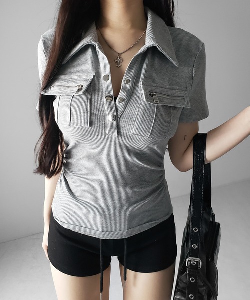 me+em select(ミームセレクト)の「【 3color 】アウトポケットポロネックリブカットソートップス / out pocket polo neck rib cutsew tops(Tシャツ/カットソー・レディース・ブラック/グレー/ホワイト・FREE)」の18枚目の写真