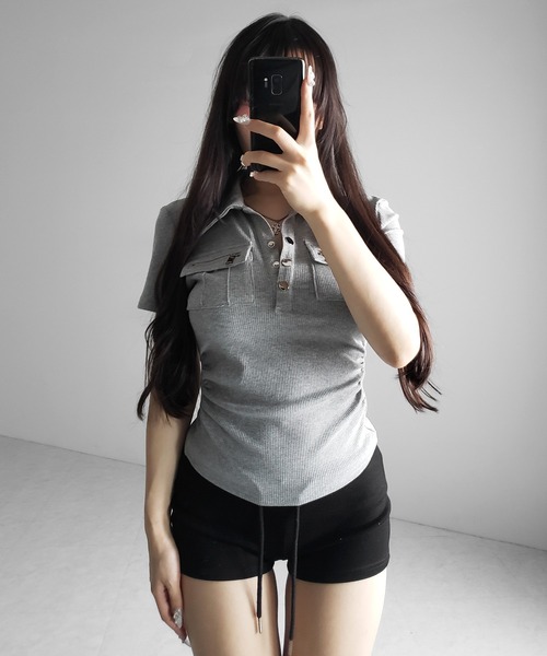 me+em select(ミームセレクト)の「【 3color 】アウトポケットポロネックリブカットソートップス / out pocket polo neck rib cutsew tops(Tシャツ/カットソー・レディース・ブラック/グレー/ホワイト・FREE)」の20枚目の写真