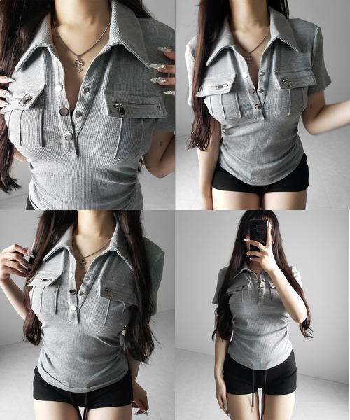 me+em select(ミームセレクト)の「【 3color 】アウトポケットポロネックリブカットソートップス / out pocket polo neck rib cutsew tops(Tシャツ/カットソー・レディース・ブラック/グレー/ホワイト・FREE)」の6枚目の写真