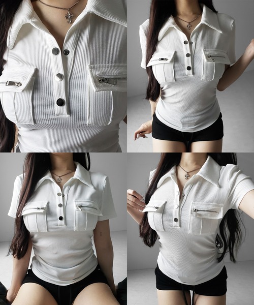 me+em select(ミームセレクト)の「【 3color 】アウトポケットポロネックリブカットソートップス / out pocket polo neck rib cutsew tops(Tシャツ/カットソー・レディース・ブラック/グレー/ホワイト・FREE)」の4枚目の写真