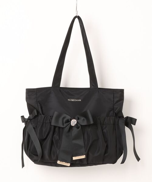SecretDoor（シークレットドア）の「［Secret Door シークレットドア］500mlペットボトル・A4収納可！ビジュー リボン ギャザーデザイン トートバッグ｜キャリーオン対応（トートバッグ・レディース・グレー/ピンク/ブラック・FREE）」の2枚目の写真