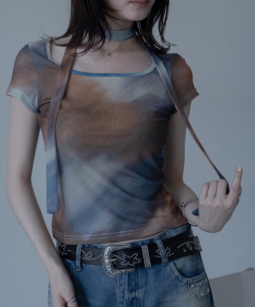 VACANCY(ヴァカンシー)の「マーブル柄ハーフスリーブシアートップス チョーカー付(Tシャツ/カットソー・レディース・ブラウン/ブルー・FREE)」の16枚目の写真