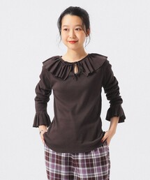 リブ フリル ギャザー ロング スリーブ