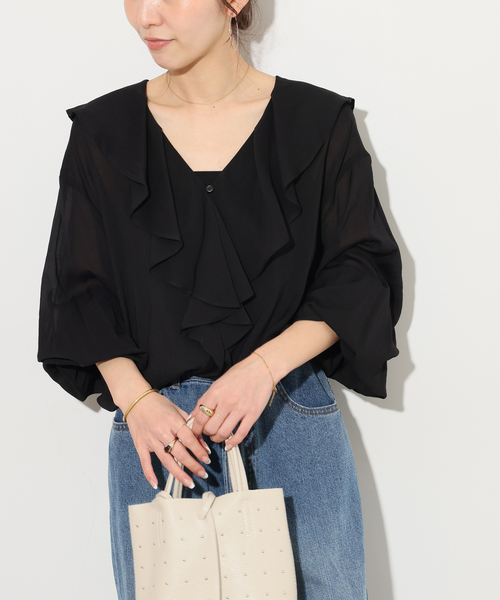 JOURNAL STANDARD relume(ジャーナルスタンダード レリューム)の「《WEB限定追加》ラッフルロングスリーブブラウス(シャツ/ブラウス・レディース・ブラック/ホワイト・FREE)」の7枚目の写真