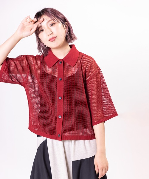 OSMOSIS（オズモーシス）の「メッシュクロップドニットカーディガン（ニット/セーター・レディース・レッド/ブルー/ブラック・ONE SIZE）」の15枚目の写真