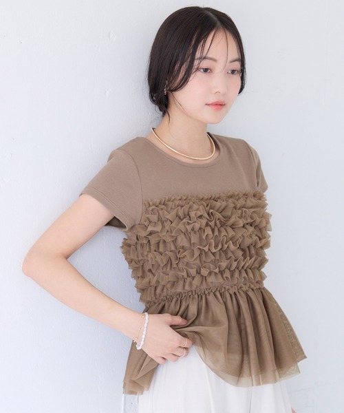 VIS(ビス)の「チュールフリルドッキングフレンチスリーブ/UVケア(Tシャツ/カットソー・レディース・オフホワイト/ブラウン系その他2/チャコールグレー・FREE)」の7枚目の写真