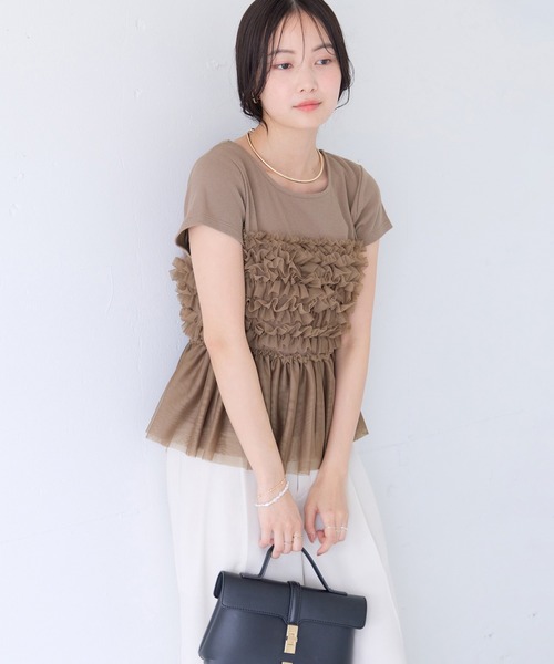 VIS(ビス)の「チュールフリルドッキングフレンチスリーブ/UVケア(Tシャツ/カットソー・レディース・オフホワイト/ブラウン系その他2/チャコールグレー・FREE)」の9枚目の写真