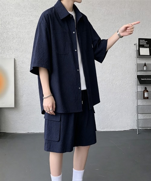AsaAura(アサオーラ)の「メンズセットアップ半袖シャツハーフパンツ(シャツ/ブラウス・メンズ・アイボリー/ネイビー/カーキ/ブラック・FREE)」の14枚目の写真