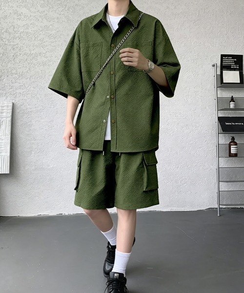 AsaAura(アサオーラ)の「メンズセットアップ半袖シャツハーフパンツ(シャツ/ブラウス・メンズ・アイボリー/ネイビー/カーキ/ブラック・FREE)」の15枚目の写真