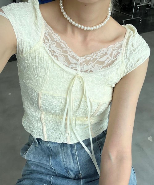 mul.（ムル）の「レース切り替えトップス（Tシャツ/カットソー・レディース・ホワイト・FREE）」の2枚目の写真