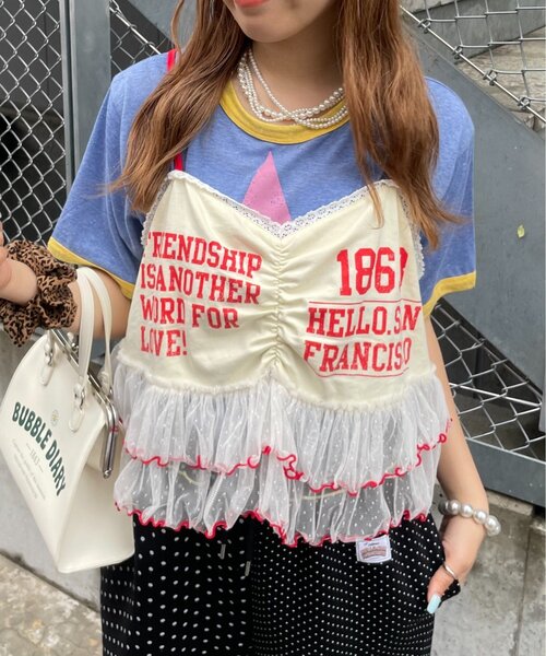 HELLO.SANFRANCISCO（ハローサンフランシスコ）の「【HELLO.SANFRANCISCO】プリントロゴチュールキャミビスチェ（キャミソール・レディース・アイボリー/グレー/ピンク・ONE SIZE）」の2枚目の写真