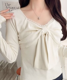 【mily bilet】一枚でときめく、主役級ビッグリボン×繊細レースで大人ガーリーに♪リボンレーストップス(長袖)