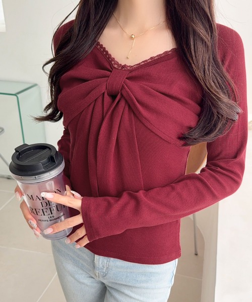 mily bilet（ミウィビレット）の「【mily bilet】一枚でときめく、主役級ビッグリボン×繊細レースで大人ガーリーに♪リボンレーストップス（長袖）（Tシャツ/カットソー・レディース・チャコール/バーガンディー/アイボリー・LARGE/MEDIUM/SMALL/X-LARGE）」の20枚目の写真