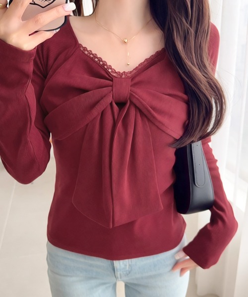 mily bilet（ミウィビレット）の「【mily bilet】一枚でときめく、主役級ビッグリボン×繊細レースで大人ガーリーに♪リボンレーストップス（長袖）（Tシャツ/カットソー・レディース・チャコール/バーガンディー/アイボリー・LARGE/MEDIUM/SMALL/X-LARGE）」の21枚目の写真