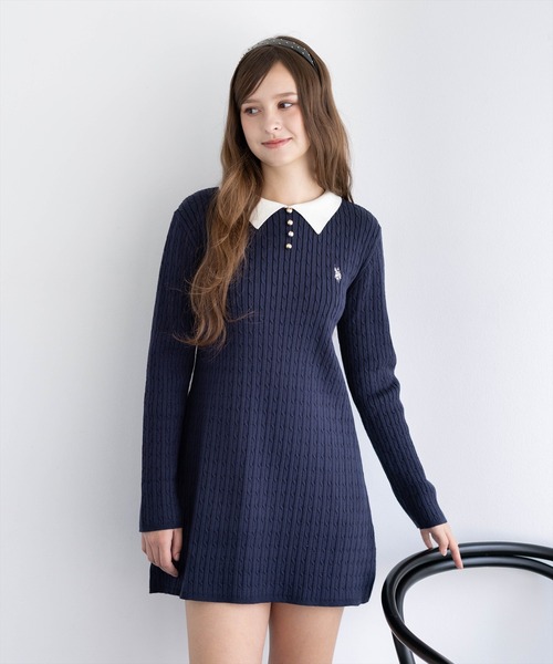 U.S. POLO ASSN.（ユーエスポロアッスン）の「【U.S. POLO ASSN.】clear 別注 襟付きケーブルニットミニワンピース（ワンピース・レディース・グレー/ブラック/ネイビー・F）」の4枚目の写真