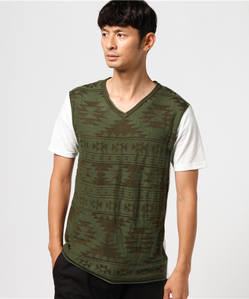 VENCEEXCHANGE(ヴァンスエクスチェンジ)の「オルテガ切替半袖Tシャツ(Tシャツ/カットソー・メンズ・オリーブ/ホワイト/ネイビー・LARGE/MEDIUM)」の1枚目の写真