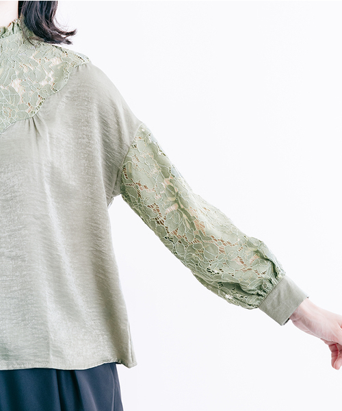 merlot plus(メルロープリュス)の「サテン×レース切替ハイネックブラウス7087(シャツ/ブラウス・レディース・グリーン/ブラック/ベージュ/アイボリー・FREE)」の18枚目の写真