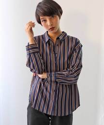 オフショルにもビスチェにもミドル丈3wayシャツブラウス《レジメンタルストライプ》(長袖)