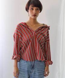 オフショルにもビスチェにもミドル丈3wayシャツブラウス《レジメンタルストライプ》(長袖)