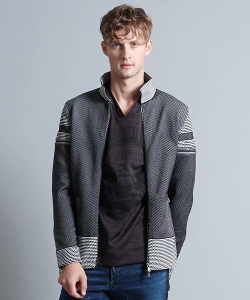 5351 POUR LES HOMMES（ゴーサンゴーイチプールオム）の「ニットライダースブルゾン（ブルゾン・メンズ・ブラック/ホワイト系その他/ライトグレー・44/46/48）」の2枚目の写真