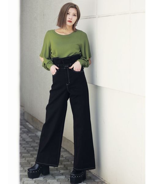 EMODA（エモダ）の「フリルハイウエストワイドデニム（デニムパンツ・レディース・ブラック/ブルー/インディゴブルー・SMALL/X-SMALL/MEDIUM）」の7枚目の写真