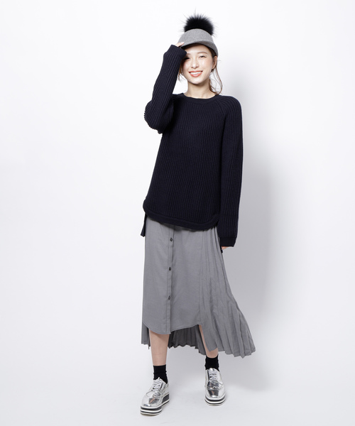 Re.Verofonna(ヴェロフォンナ)の「シャツ切替プリーツスカート付柄編みプルオーバー(ワンピース)」|ネイビー