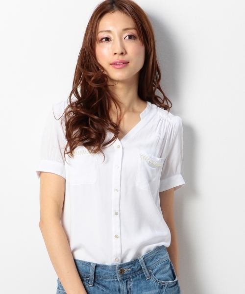 Jewel Changes(ジュエルチェンジズ)の「JOCRP R ヘンリースタンド 装飾 ショートスリーブ / ブラウス(シャツ/ブラウス・レディース・ホワイト/シャーベット/ライトブルー・フリー)」の14枚目の写真