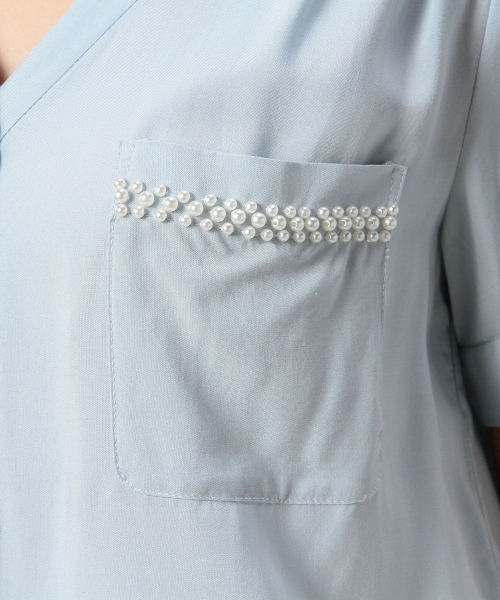 Jewel Changes(ジュエルチェンジズ)の「JOCRP R ヘンリースタンド 装飾 ショートスリーブ / ブラウス(シャツ/ブラウス・レディース・ホワイト/シャーベット/ライトブルー・フリー)」の5枚目の写真