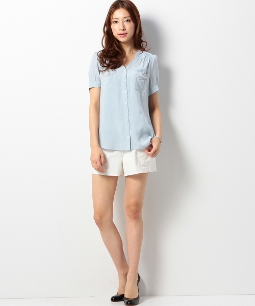 Jewel Changes(ジュエルチェンジズ)の「JOCRP R ヘンリースタンド 装飾 ショートスリーブ / ブラウス(シャツ/ブラウス・レディース・ホワイト/シャーベット/ライトブルー・フリー)」の12枚目の写真