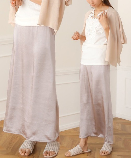 Bab（バブ）の「ヴィンテージサテンストレートスカート/シャイニーサテンエアリーマキシロングスカート（スカート・レディース・ベージュ/アイボリー/ラベンダー・38）」の3枚目の写真