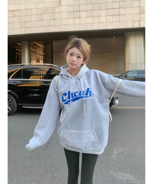 韓国風ビッグシルエットフード付き カレッジロゴ フーディー