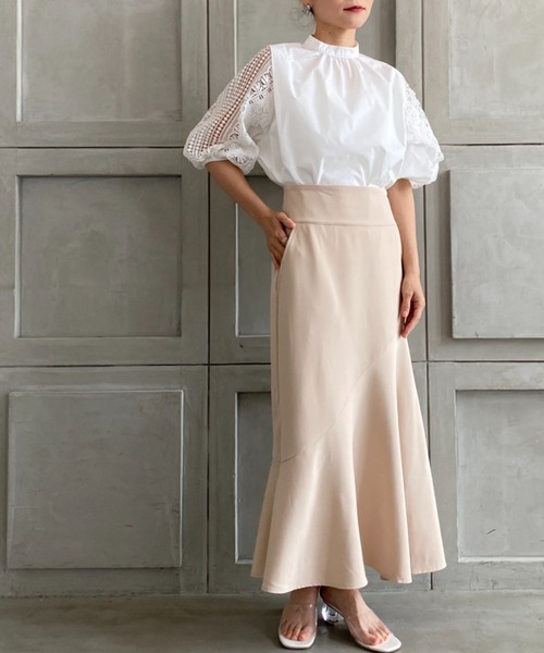 moment+（モーメントプラス）の「エステルストレッチツイルハイウエストマーメイドスカート（スカート・レディース・ライトカーキ/アイボリー/オレンジ/ネイビー/ベージュ・L/M/S）」の18枚目の写真