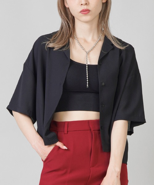 SPINNS（スピンズ）の「5分袖ショート丈オープンカラーシャツ（シャツ/ブラウス・レディース・ブラック/ピンク/ブルー/アイボリー/ミント・ONESIZE）」の3枚目の写真