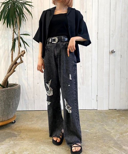 SPINNS（スピンズ）の「5分袖ショート丈オープンカラーシャツ（シャツ/ブラウス・レディース・ブラック/ピンク/ブルー/アイボリー/ミント・ONESIZE）」の19枚目の写真