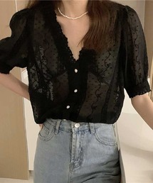 フェミニンレースシアー半袖ブラウス