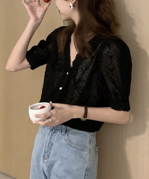 MANGROVE(マングローブ)の「フェミニンレースシアー半袖ブラウス(シャツ/ブラウス・レディース・ブラック/ナチュラル・FREE)」の12枚目の写真
