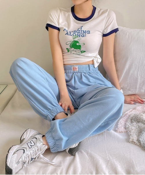 chuu（チュー）の「CHUU ウエストバンディングジョガーパンツ（スウェットパンツ・レディース・スカイブルー/ピンク/霜降りグレー・FREE）」の22枚目の写真