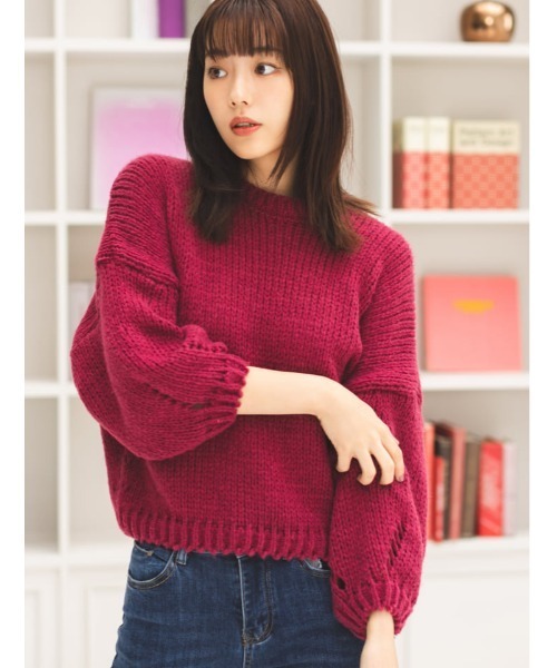 fifth calin（フィフスカラン）の「ぽわん袖ローゲージニット（ニット/セーター・レディース・ピンク/グリーン・MEDIUM）」の2枚目の写真